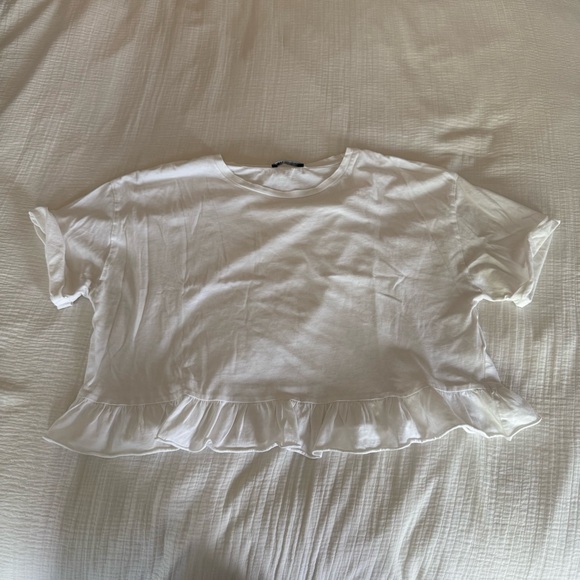 Zara White Short Sleeve Ruffle Top - Picture 2 of 6